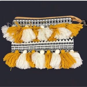 Charlie Paige Mustard Yellow and Cream Tassel Clutch